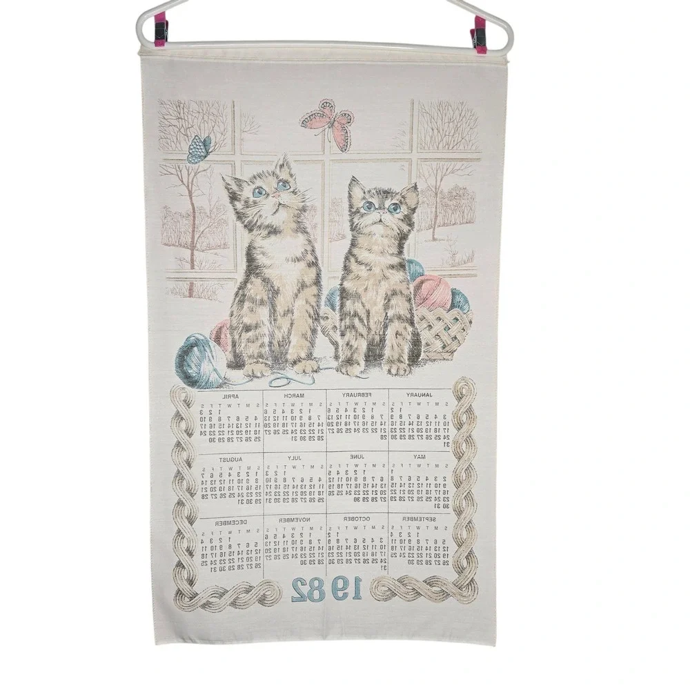 Vintage 1982 Kittens Playing Towel Calendar Polyester Grannycore Cottagecore